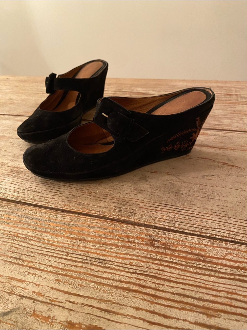 AEROSOLES Black Suede Wedge Mary Jane Mules